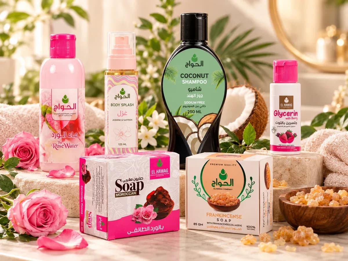 El Hawag care products: rose water, glycerin, coconut shampoo and Moroccan soap