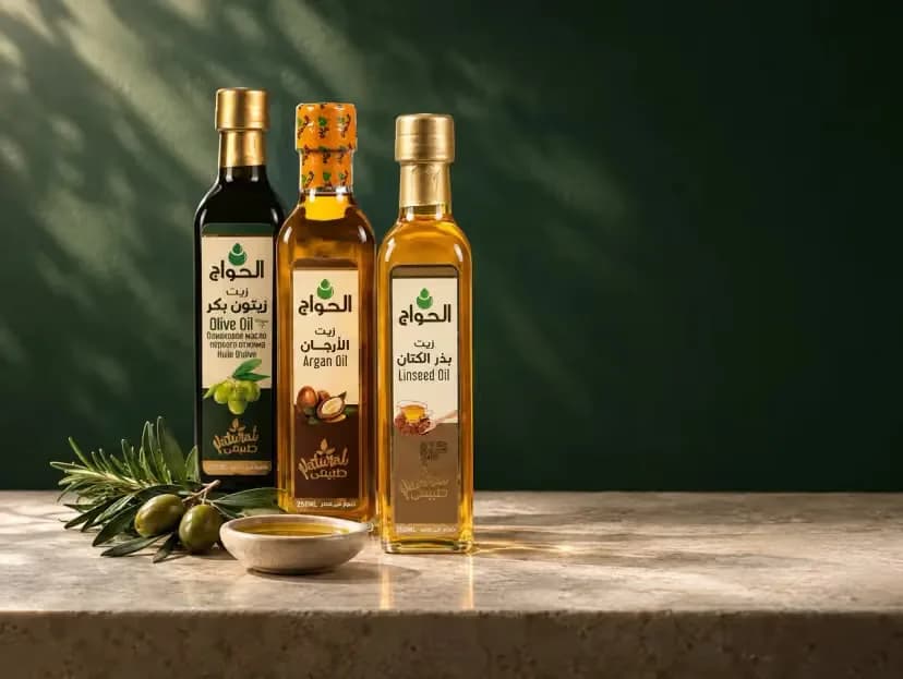 El Hawag bottles of virgin olive oil, argan oil and linseed oil on a stone shelf